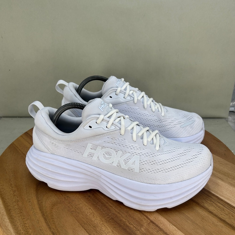 Hoka Bondi 8 Triple White Running Shoes Womens 10 B 1127952-WWH Low Top Sneakers
